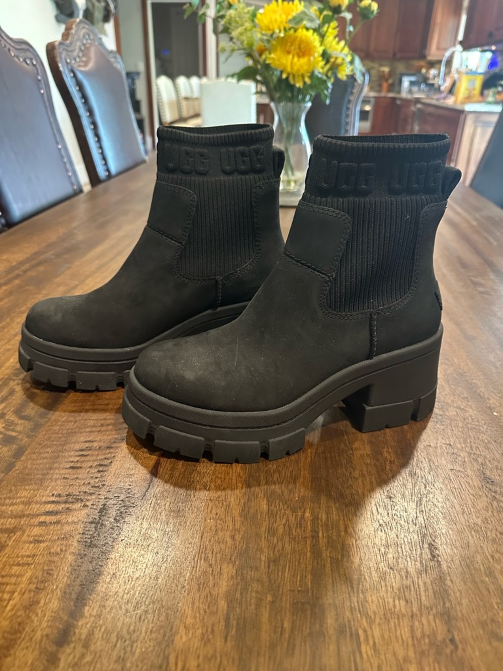 UGG Black Chunky Lug Sole Knit-Cuff Ankle Boots
